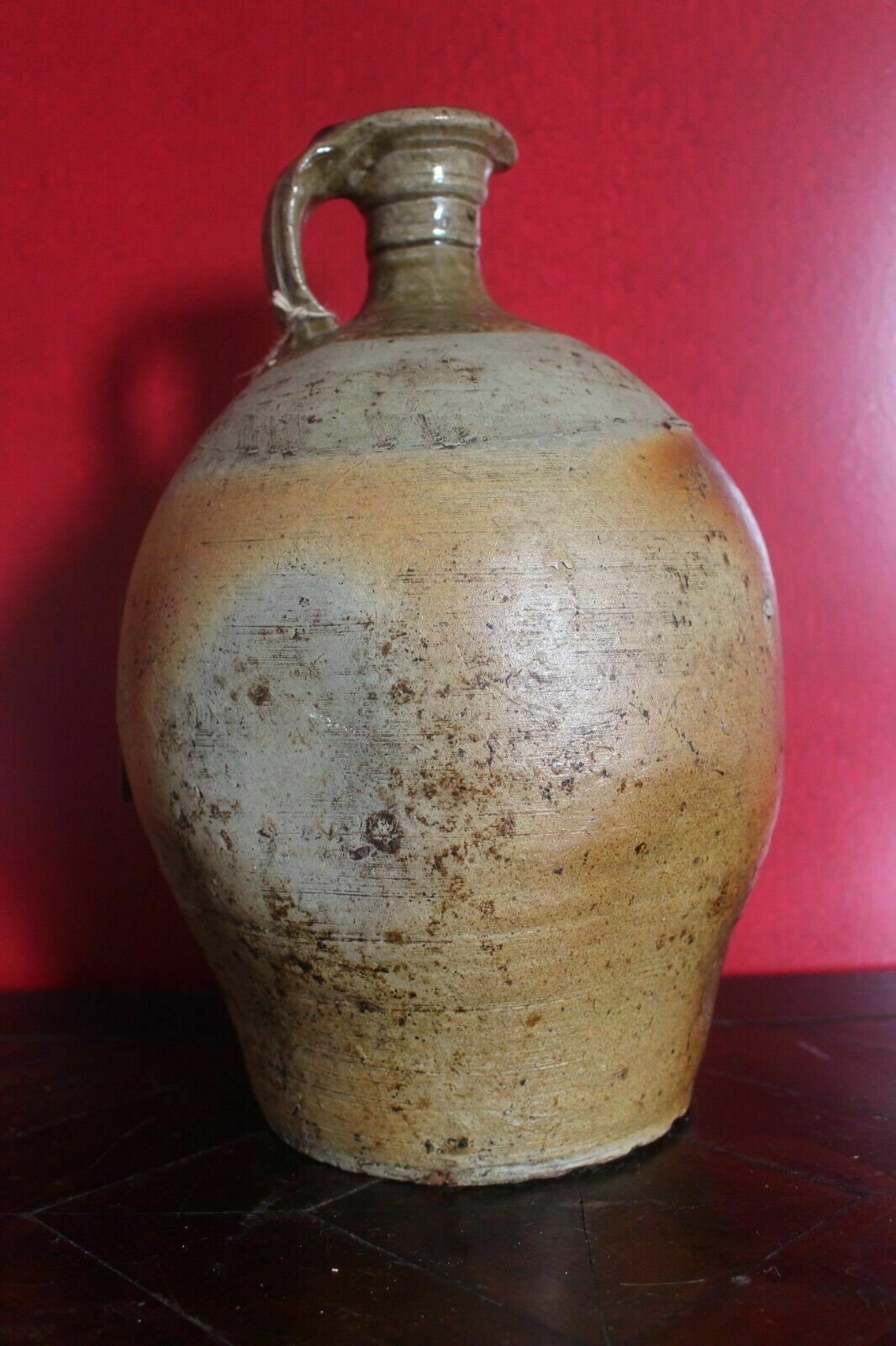 Large Antique French Terracotta Glaze Jug 19th C Hand Turned Clay Stoneware Pot photo Home Decor