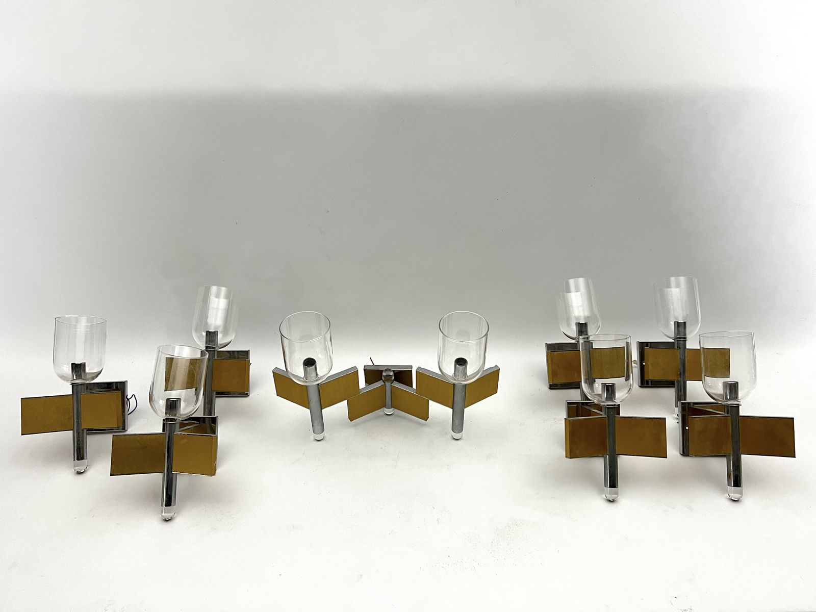 Mid Century Modern Set Of Eight Brass And Chrome Sconces By Sciolari. Italy 1970s