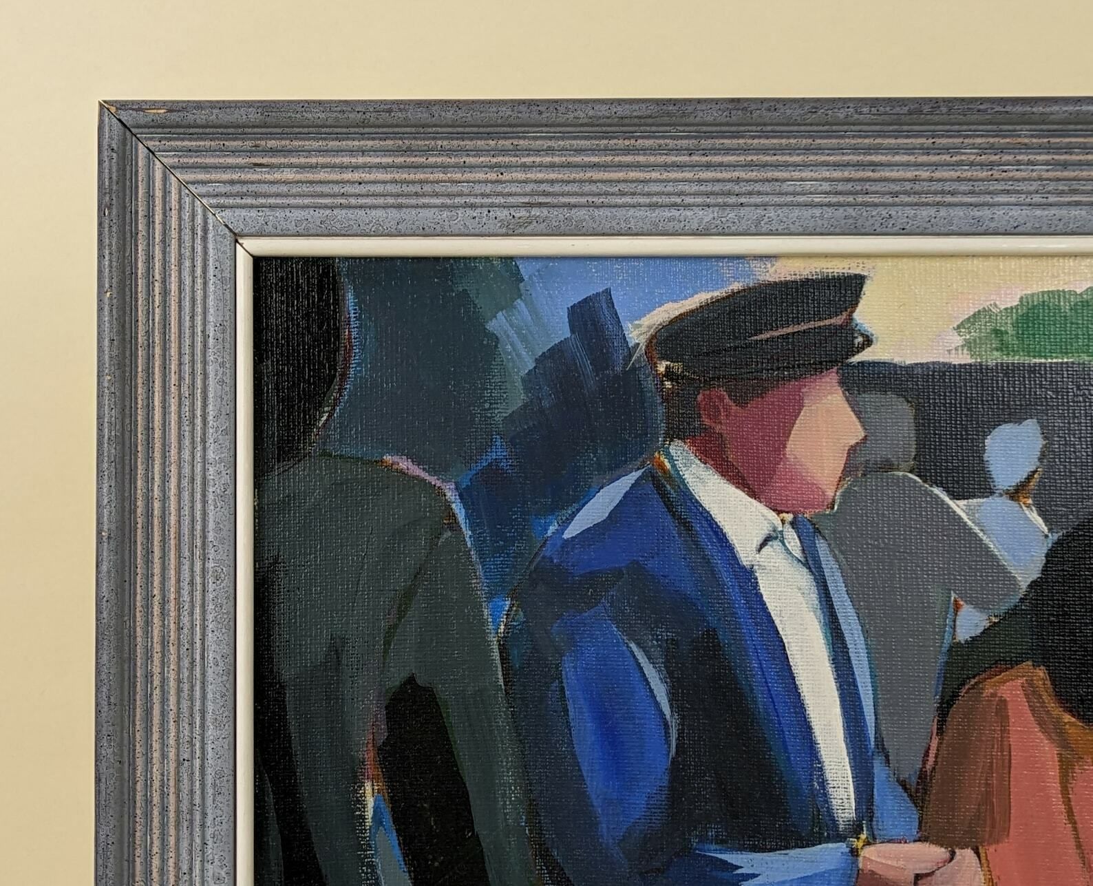 French Signed Acrylic Paint On Board Framed Painting Of Bread Seller In Market photo Art