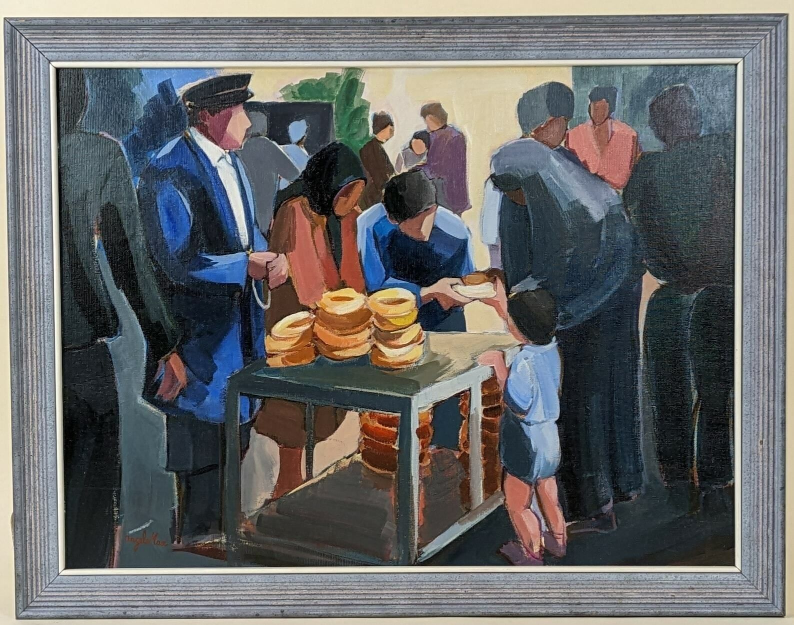 French Signed Acrylic Paint On Board Framed Painting Of Bread Seller In Market photo vintage