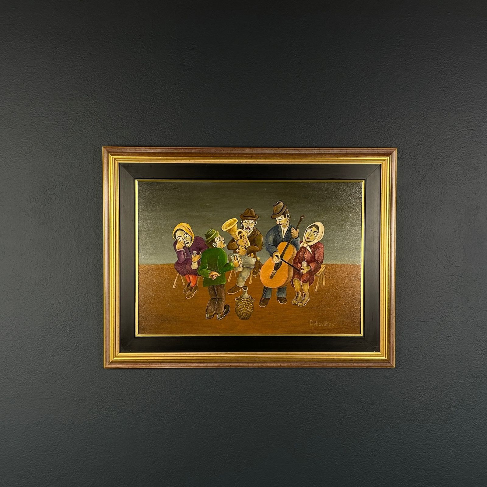 Painting Rural Feast In The Style Of Naive Art, Oil, Hardboard, Oto Dobovišek, Yugoslavia 1973 photo Art