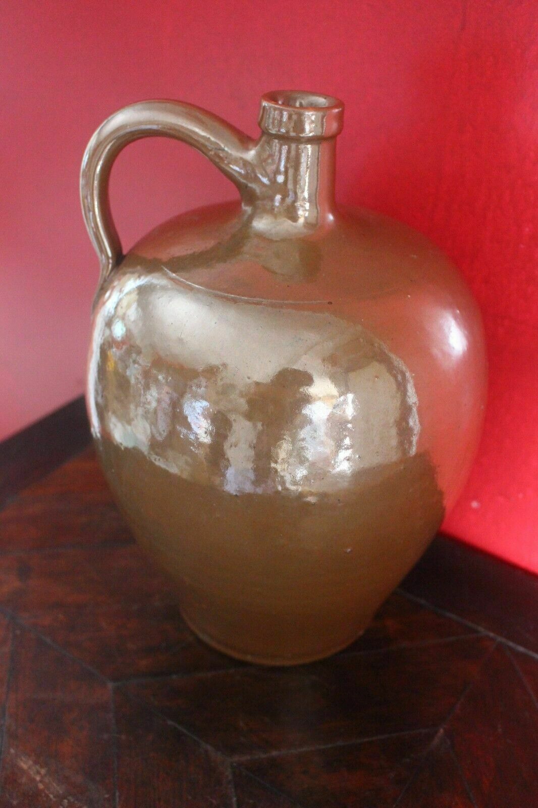 Antique French Terracotta Glaze Jug 19th C Hand Turned Clay Stoneware Pot photo for sale
