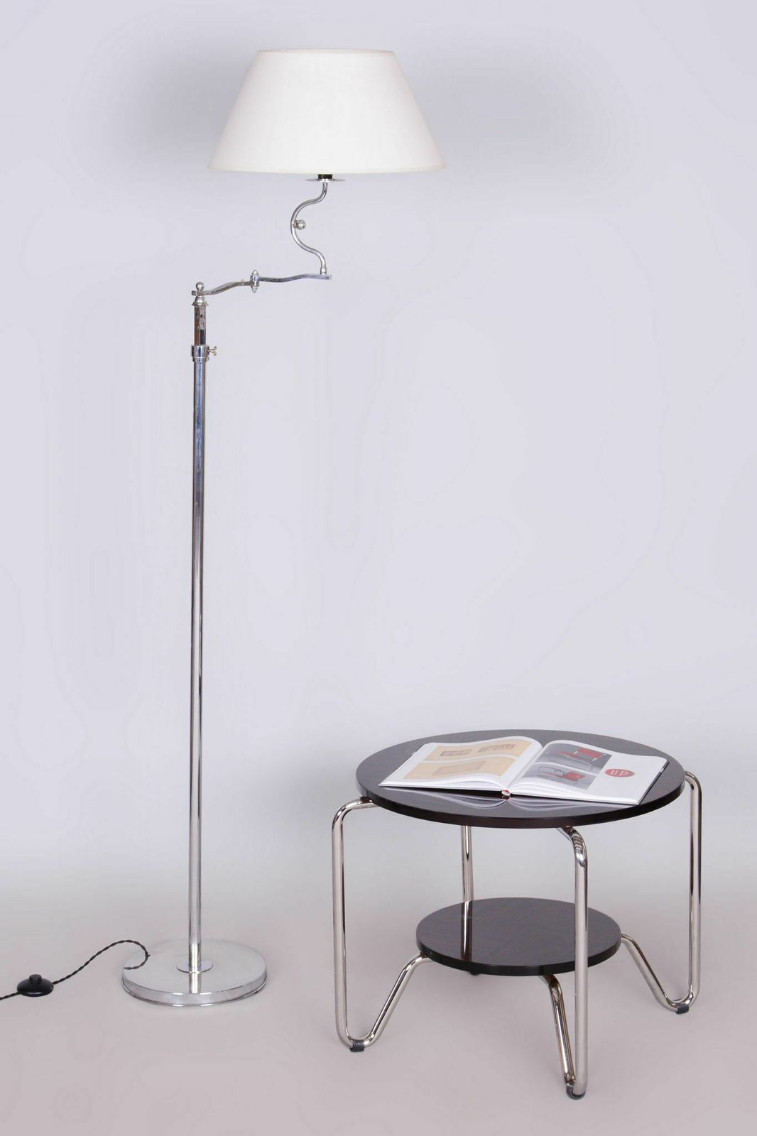 Czech Bauhaus Floor Lamp, Textile Shade, Chrom Plated Steel, 1920s photo Lighting
