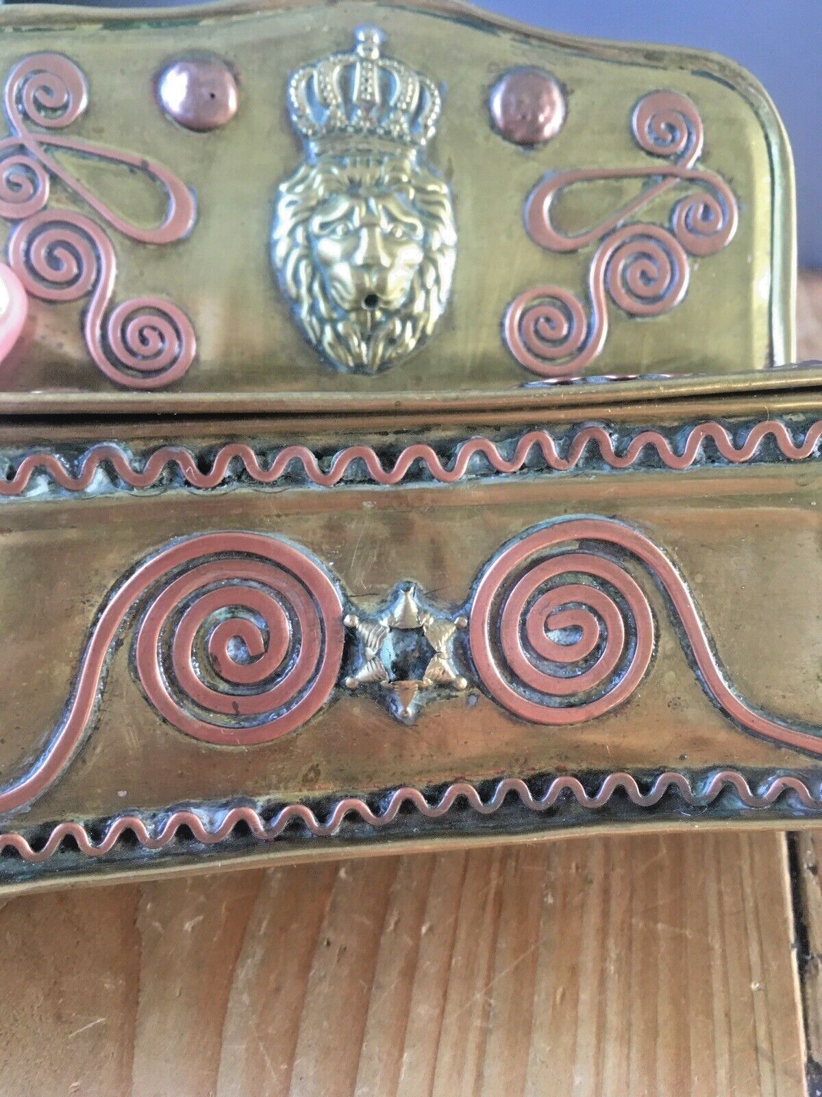photo furniture Antique 19th Century Dutch Brass & Copper Gothic Lion Mask Fireside Candle Box