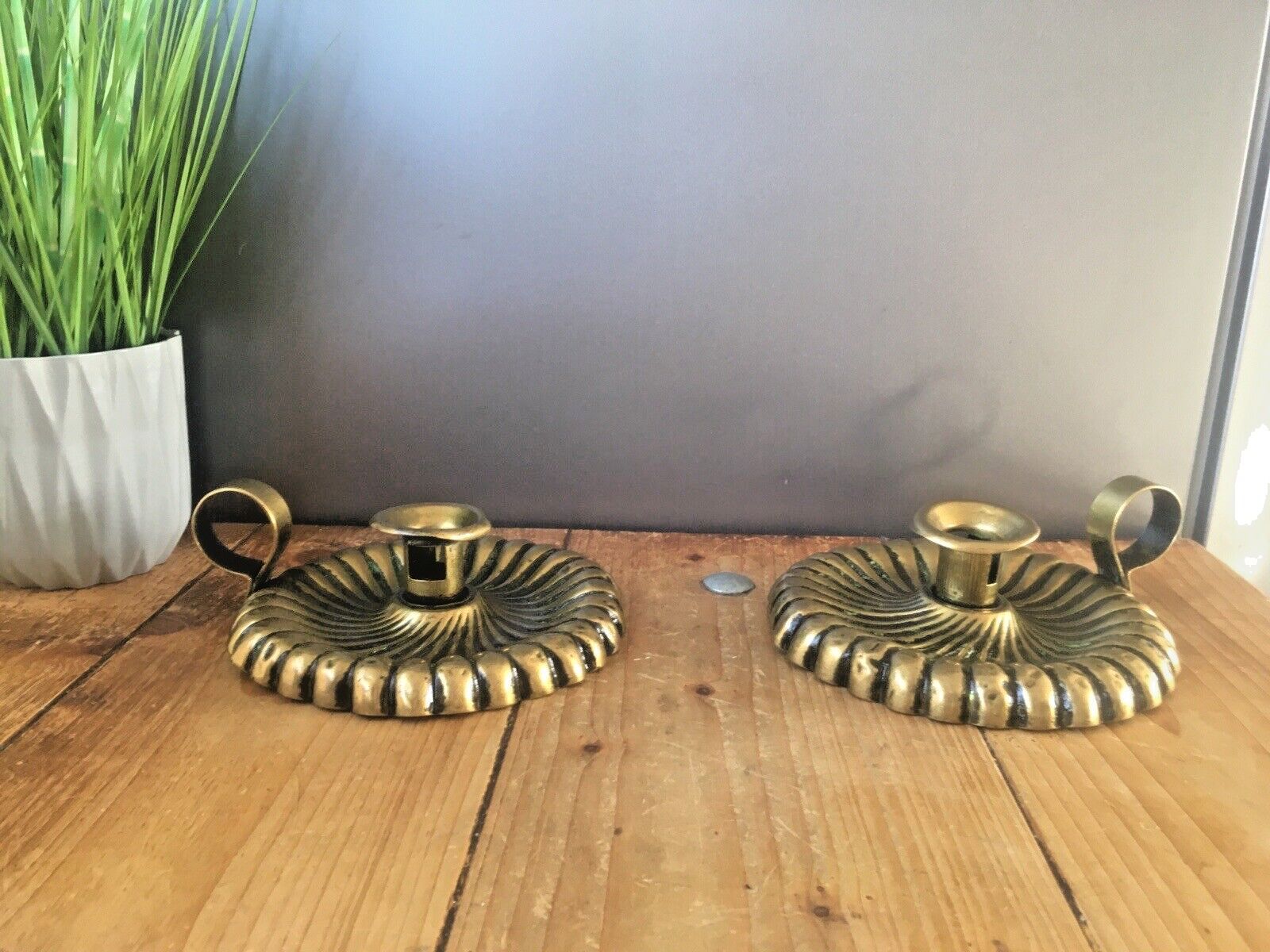 Beautiful Pair Of Antique Art Nouveau Fluted Brass Chamber Candle Holders Sticks photo for sale