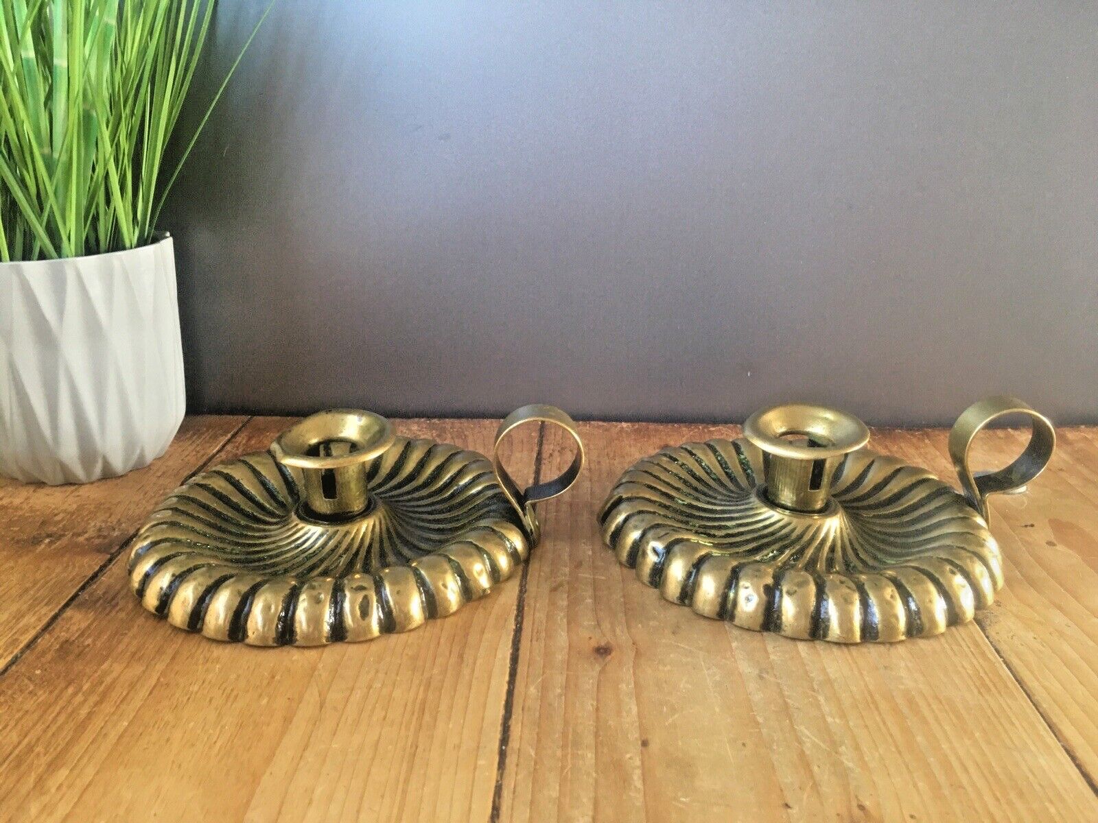 Beautiful Pair Of Antique Art Nouveau Fluted Brass Chamber Candle Holders Sticks photo vinterior