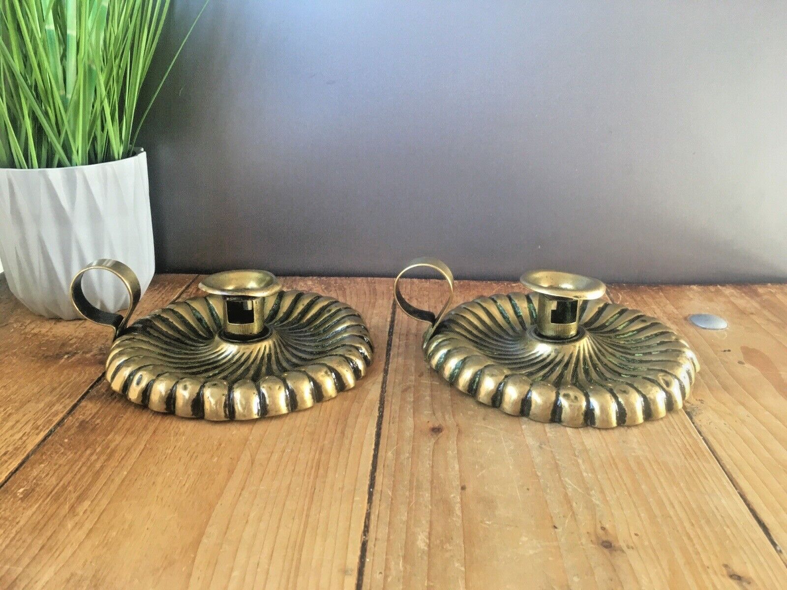 Beautiful Pair Of Antique Art Nouveau Fluted Brass Chamber Candle Holders Sticks photo vintage