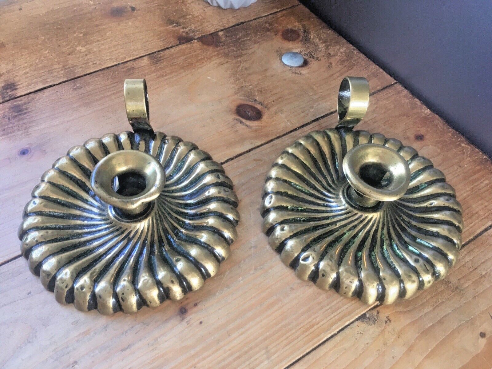 photo furniture Beautiful Pair Of Antique Art Nouveau Fluted Brass Chamber Candle Holders Sticks