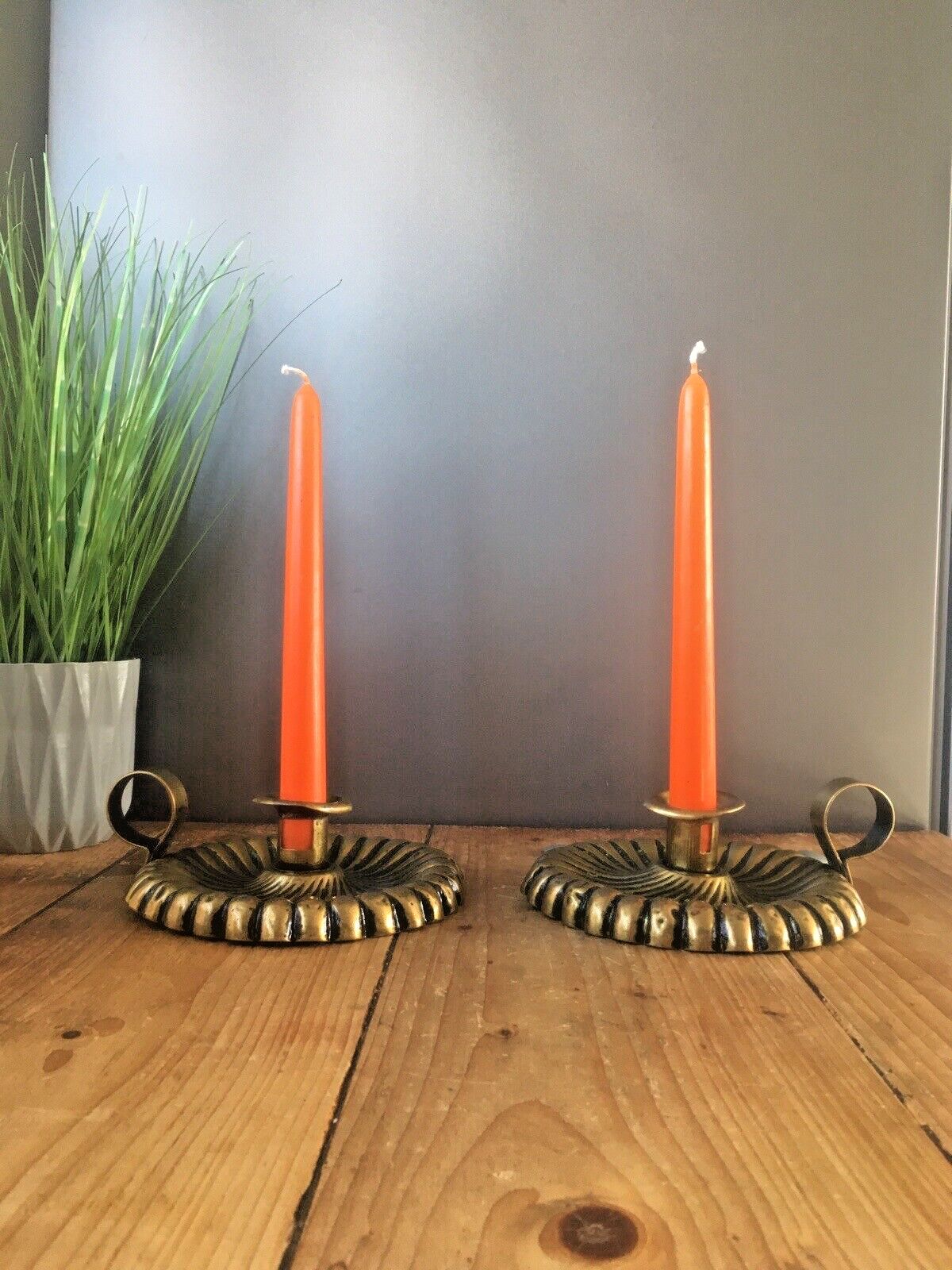 photo vinterior Beautiful Pair Of Antique Art Nouveau Fluted Brass Chamber Candle Holders Sticks