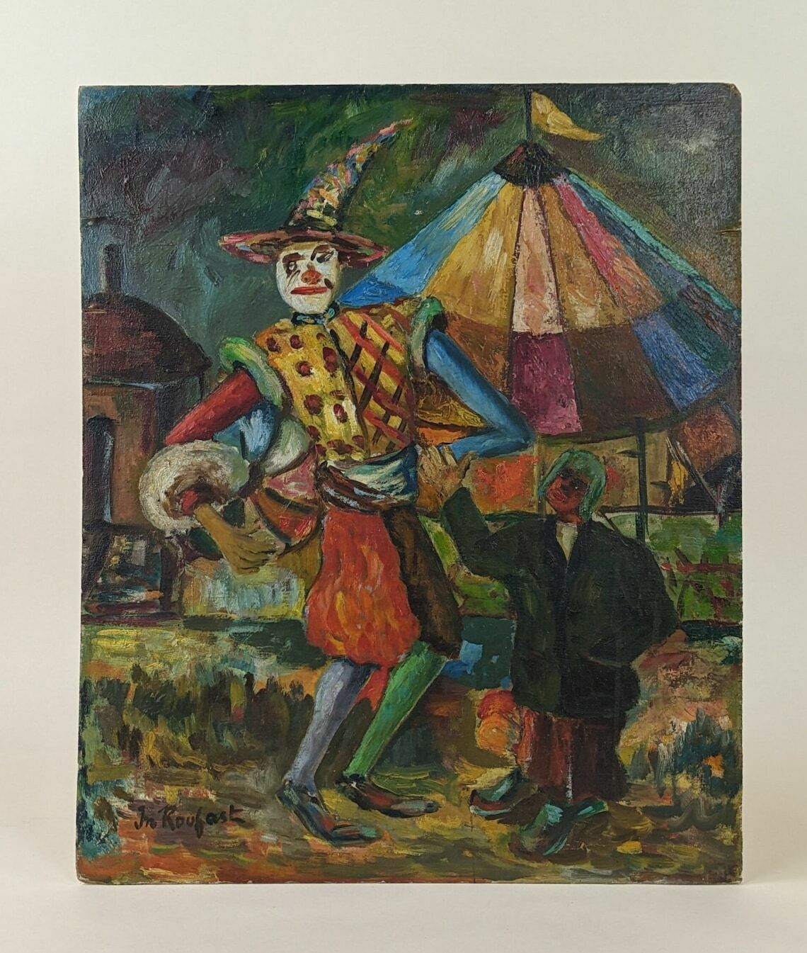 Vintage French Harlequin Oil Painting On Wood Panel photo 185.0
