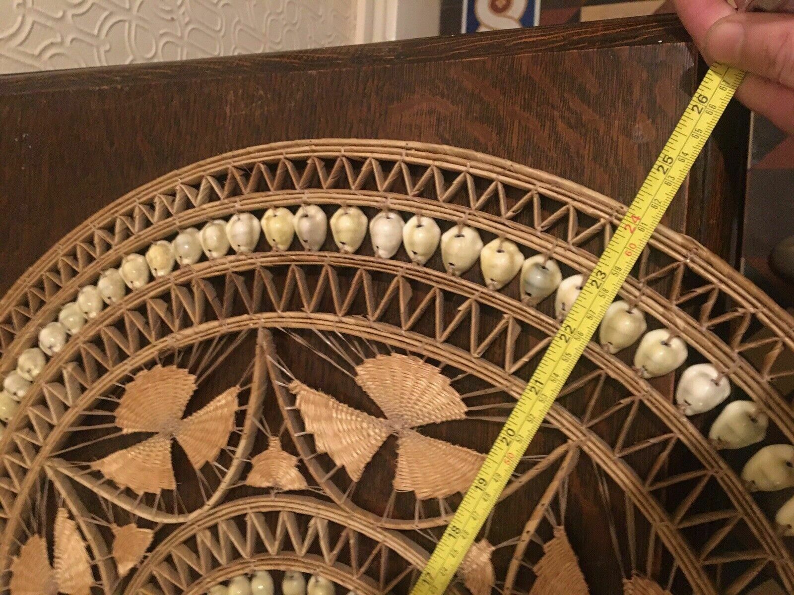 Home Decor Vintage Bamboo Cowrie Shell Reed Wall Hanging Mandala Art Boho Tiki 1970s photo