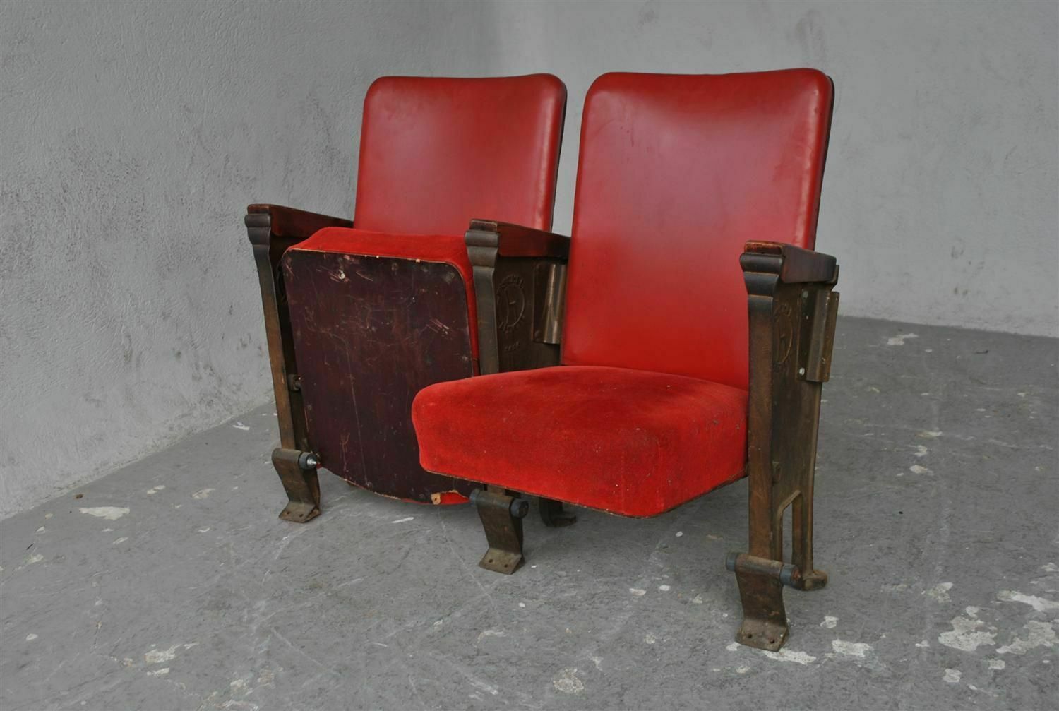 Series Of 5 Red Skai And Patinated Cast Iron Theater Armchairs photo buy