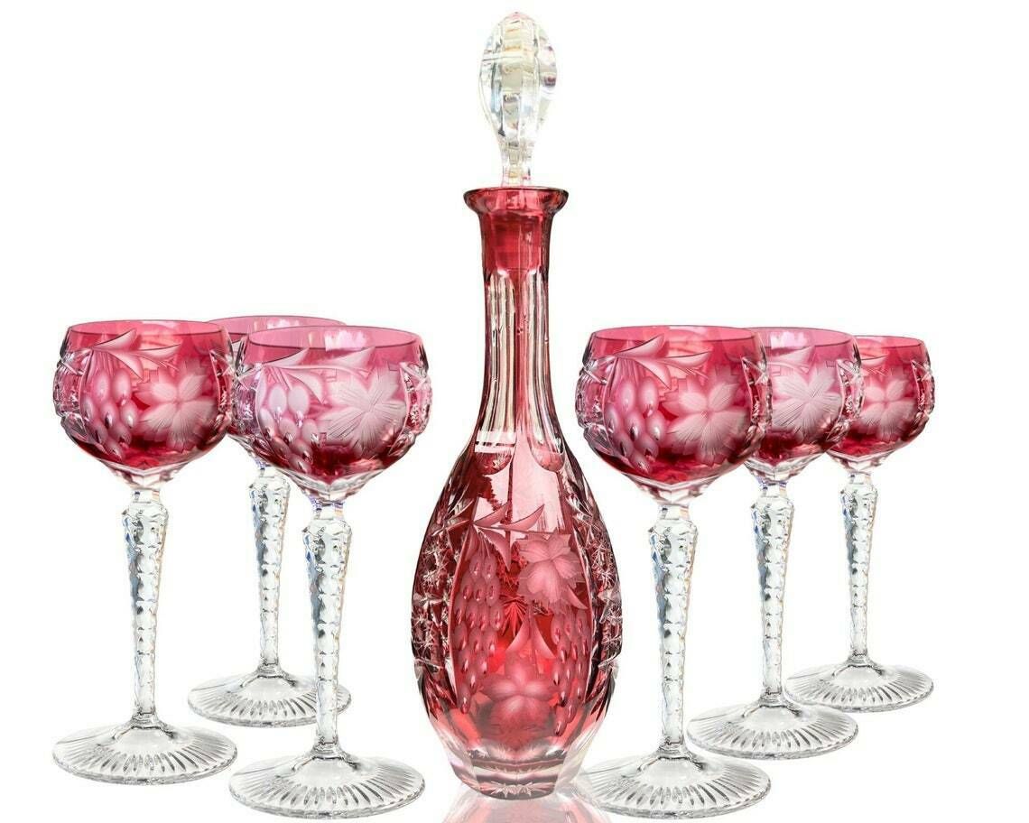 Nachtmann Grapes Red | Kristallen Karaf (1) En Wijnglazen (6) | Goudrod | Vintage