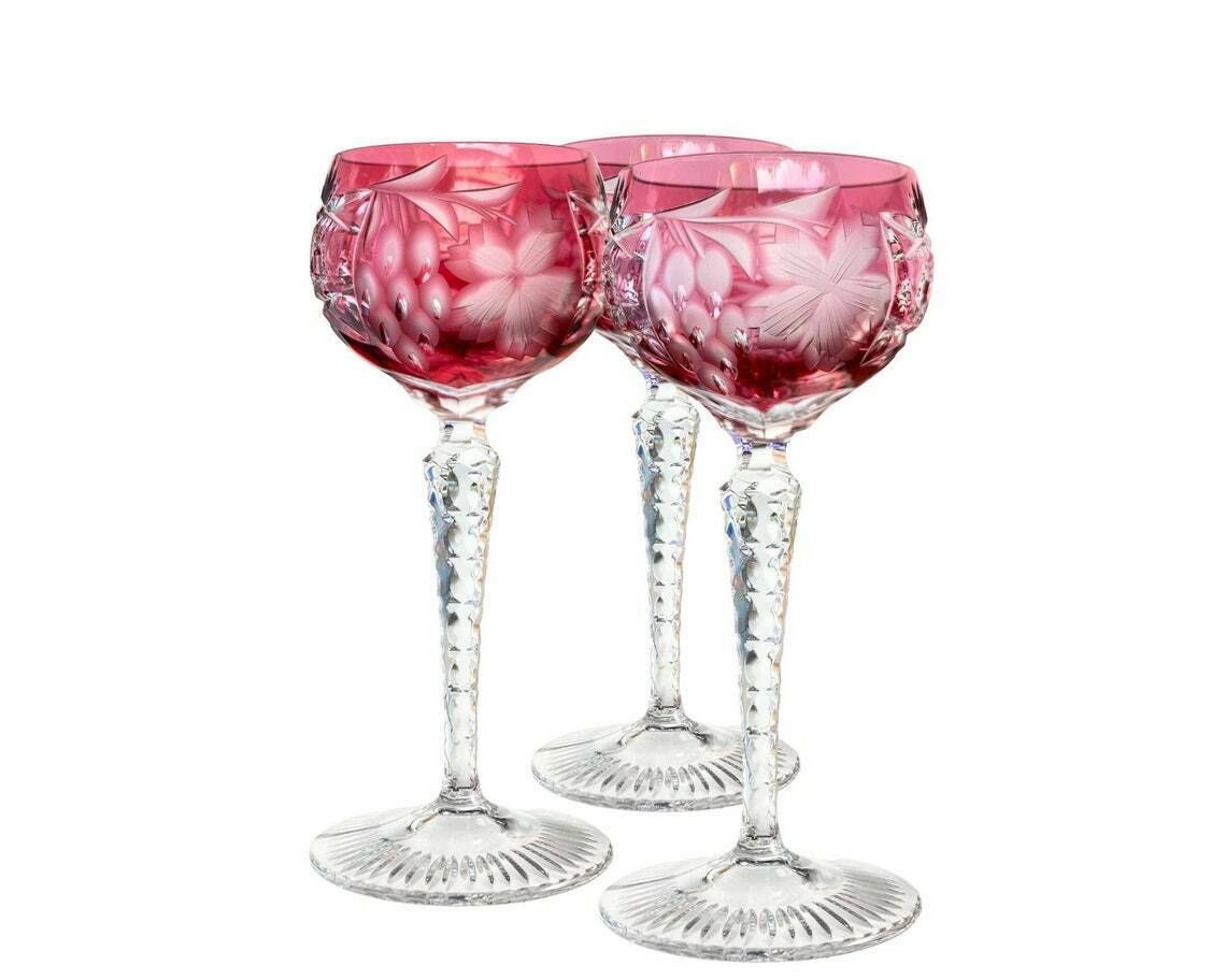 Nachtmann Grapes Red | Kristallen Karaf (1) En Wijnglazen (6) | Goudrod | Vintage photo furniture