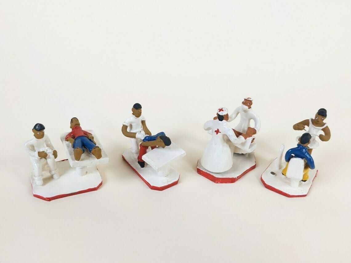Vintage Mexican Folk Art Zefinha Hand Painted Pottery Hospital And Dentist Figurines