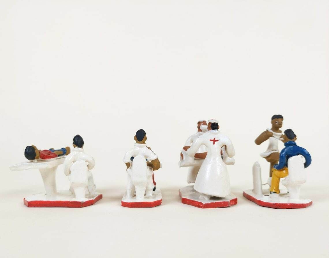 Vintage Mexican Folk Art Zefinha Hand Painted Pottery Hospital And Dentist Figurines photo vinterior
