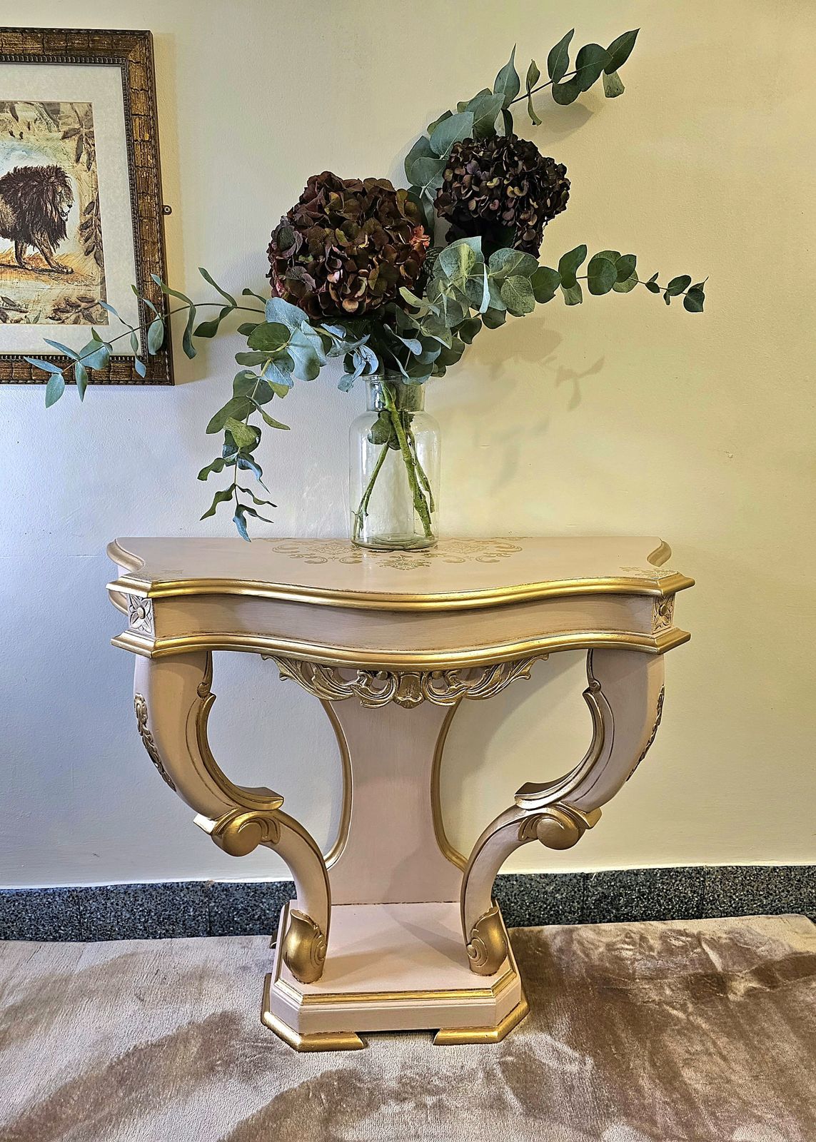 French Style Reproduction Side Table, Pink With Gold Guilding And Highlights
