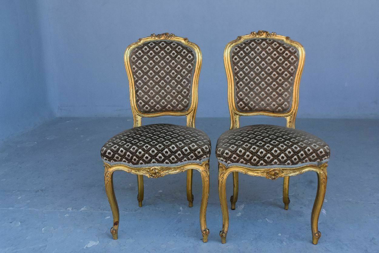 Louis XV Style Golden Wood Chair Genoa Velvet (Pair) photo for sale