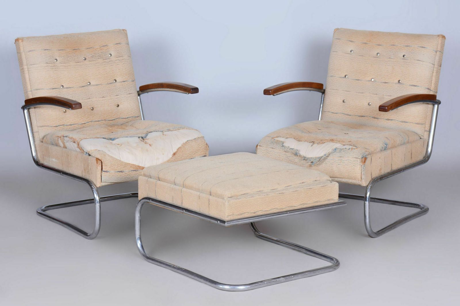 Original Bauhaus Pair Of Armchairs And Stool, Chrome, Beech, Czechia, 1920s