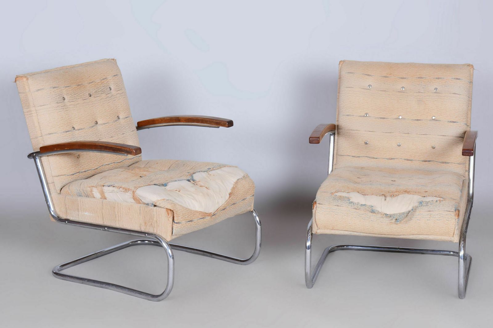 photo for sale Original Bauhaus Pair Of Armchairs And Stool, Chrome, Beech, Czechia, 1920s