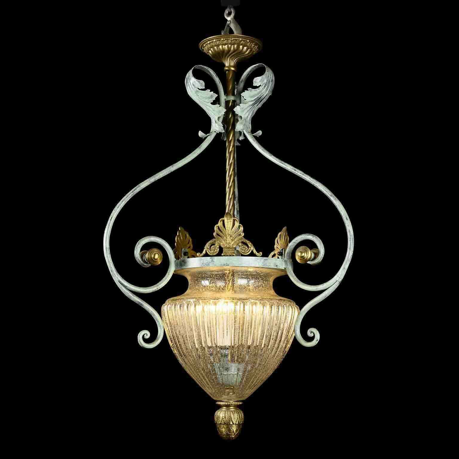 Vintage Lantern In Wrought Iron And Blown Glass