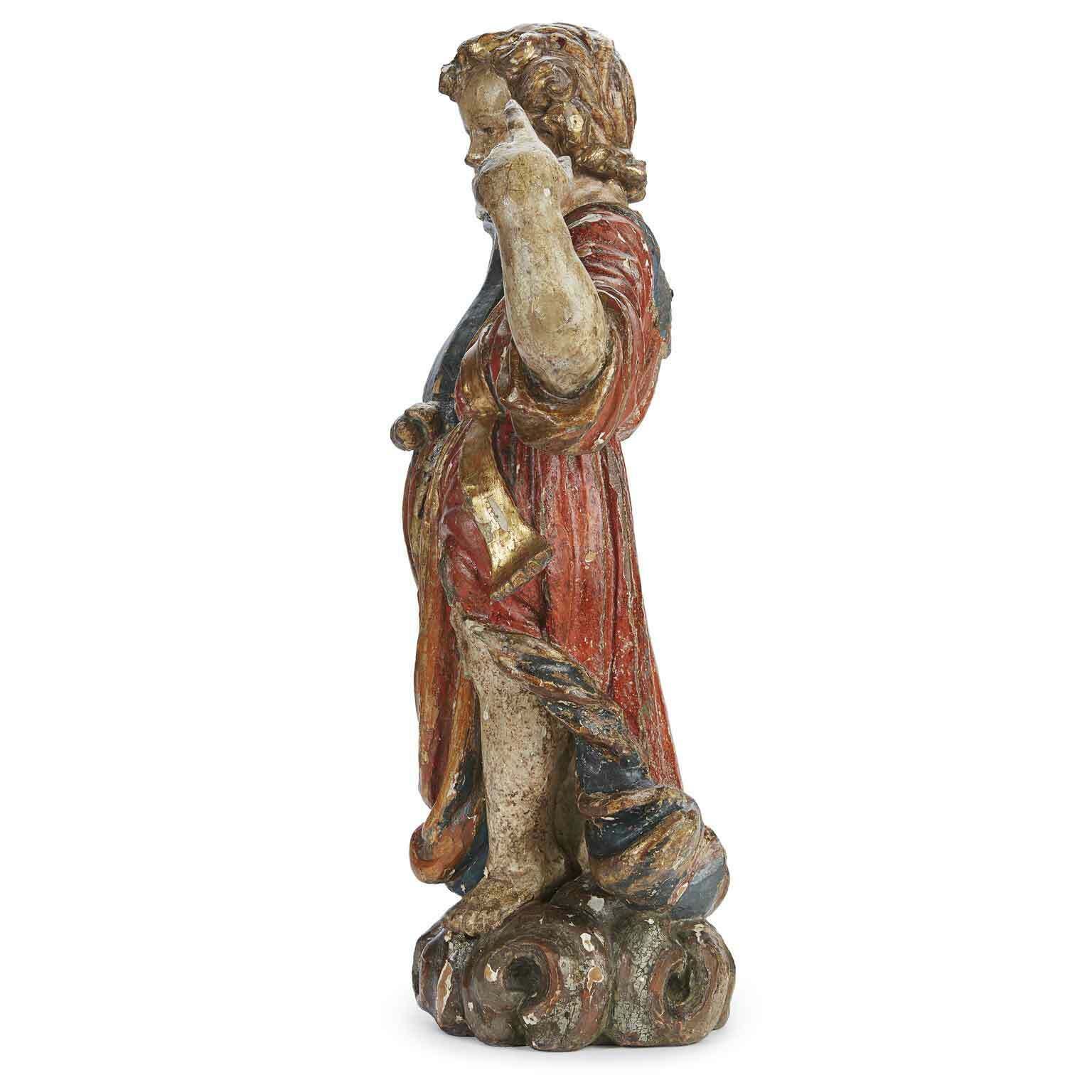 photo for sale Pair Of Sculpted Lacquered And Gilded Candle Holder Angels 1600