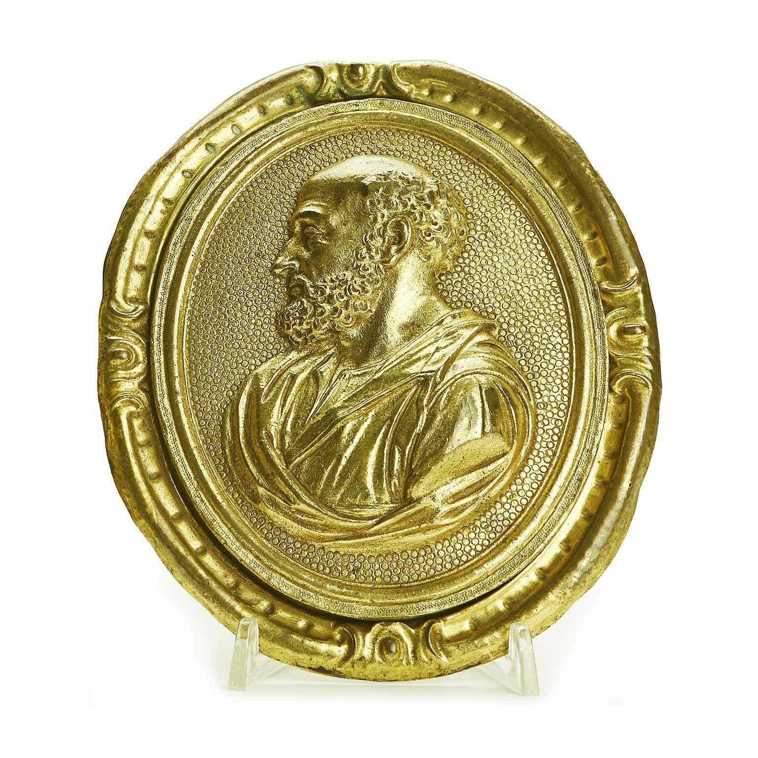 Pair Of Gilded Bronze Plaques With Profiles Of Saints photo for sale