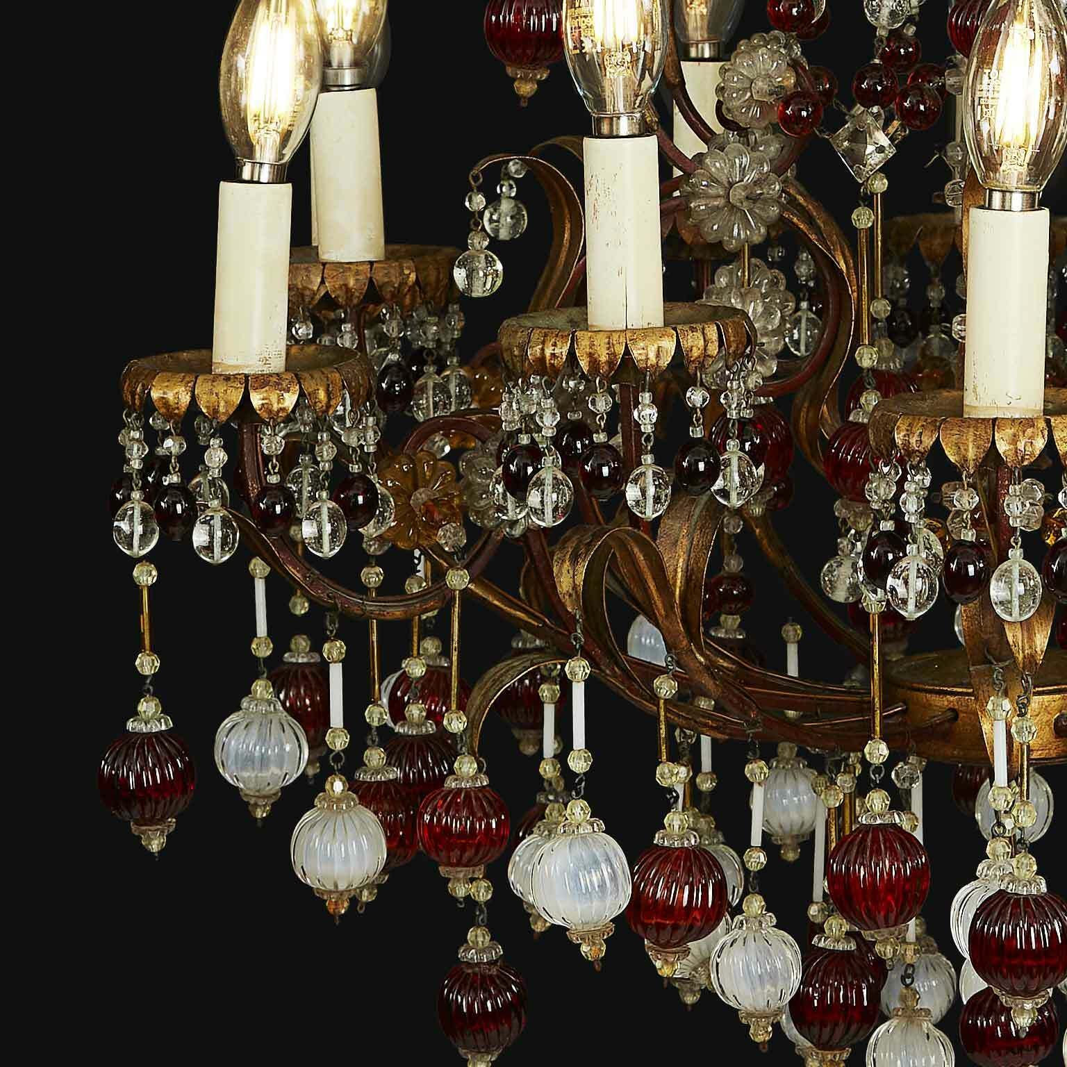 Golden Iron Cage Chandelier With Colored Glass, Circa 1960 photo buy