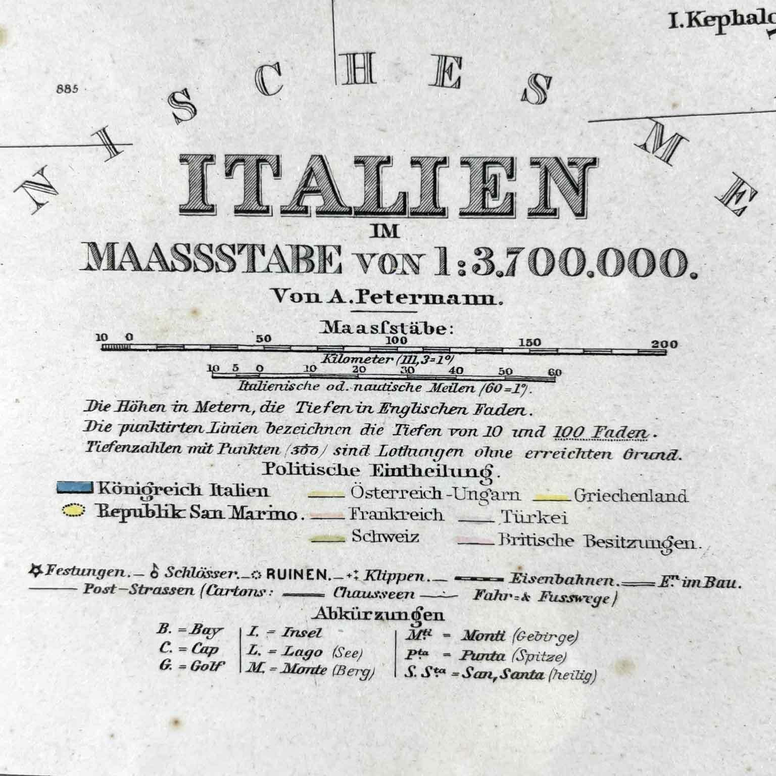 Augustus Pietermann Map Of Italy 1875 photo for sale