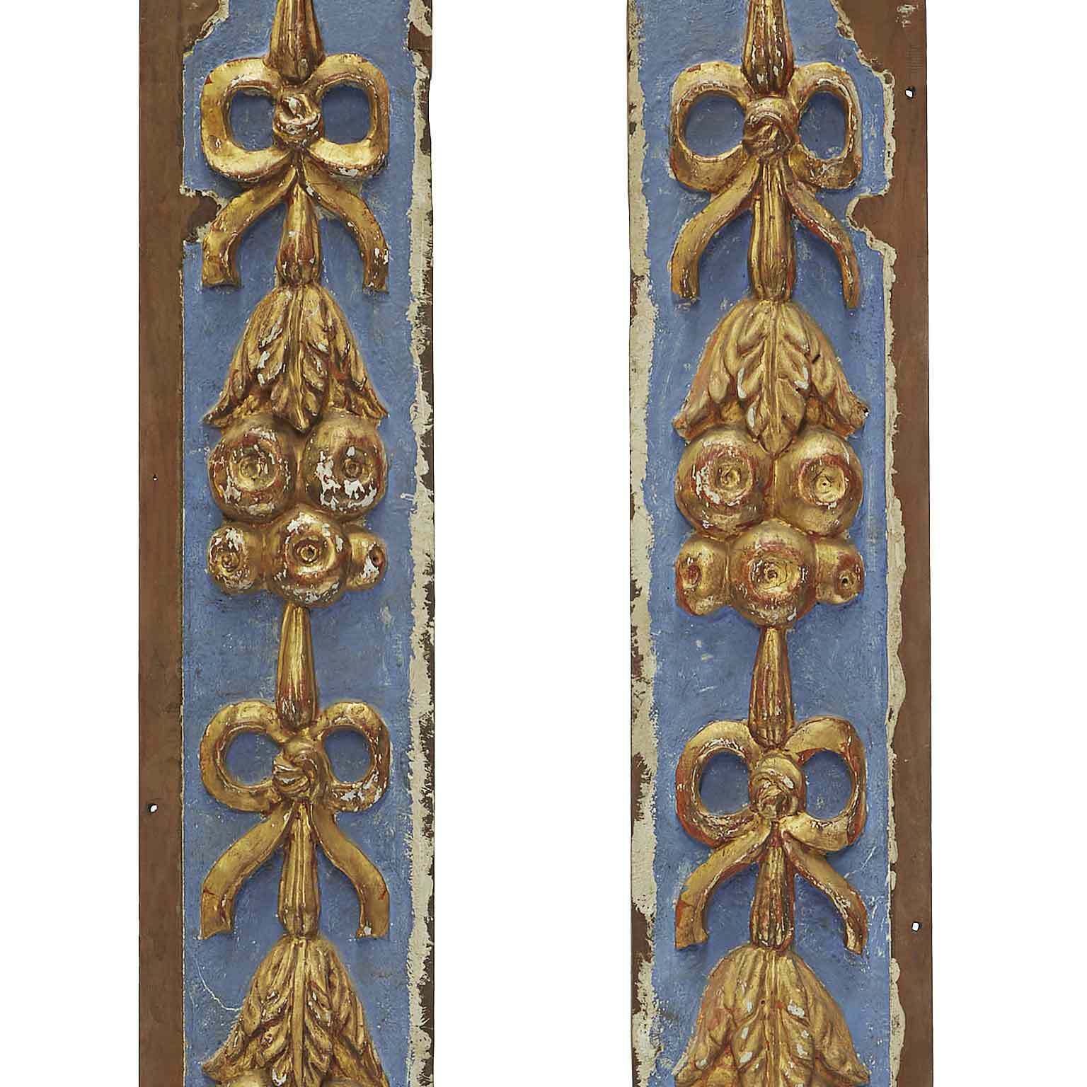 Pair Of Friezes 1700 In Carved Wood Lacquered In Blue And Fine Gold photo Art