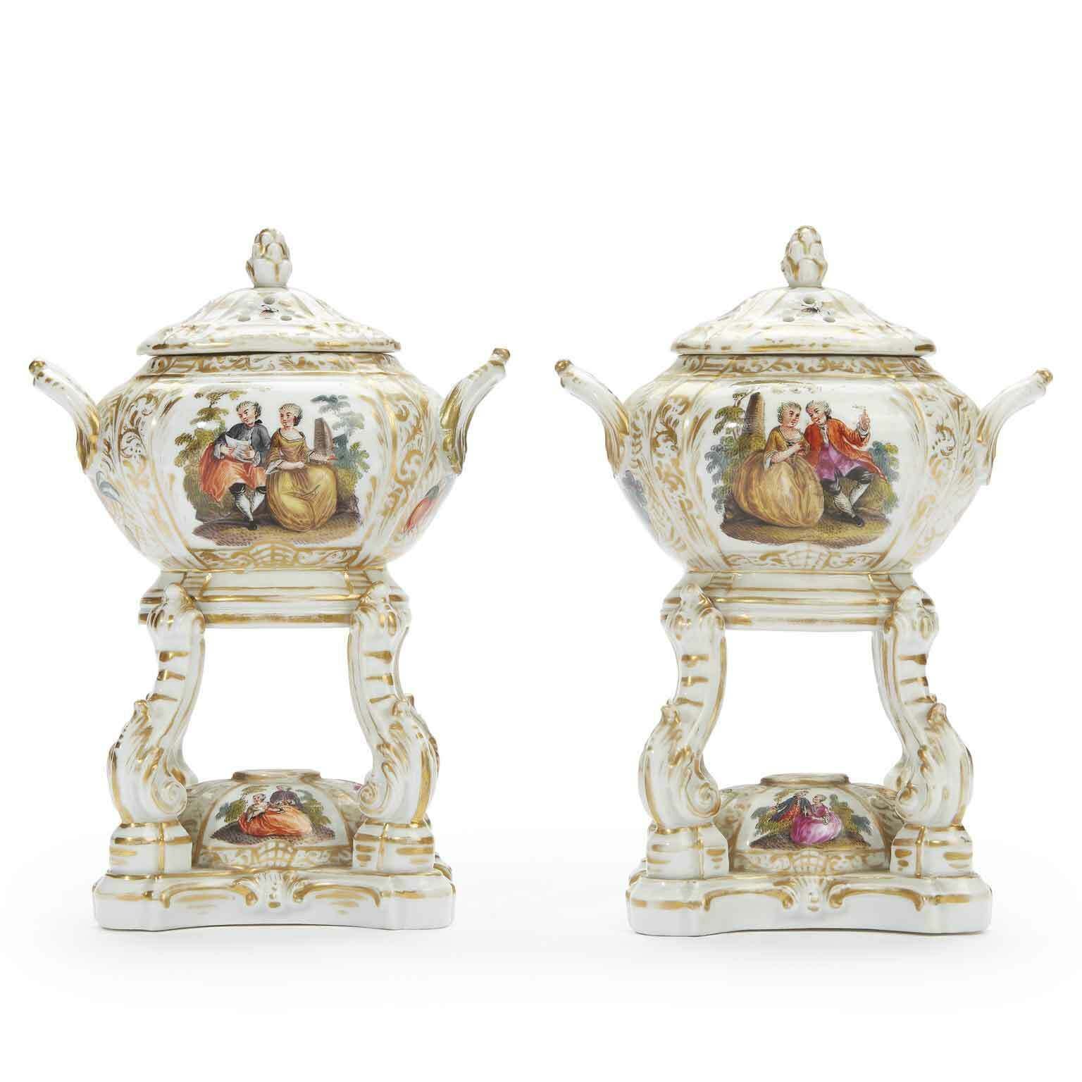 Pair Of Antique German Porcelain Incense Burners From The 1800s