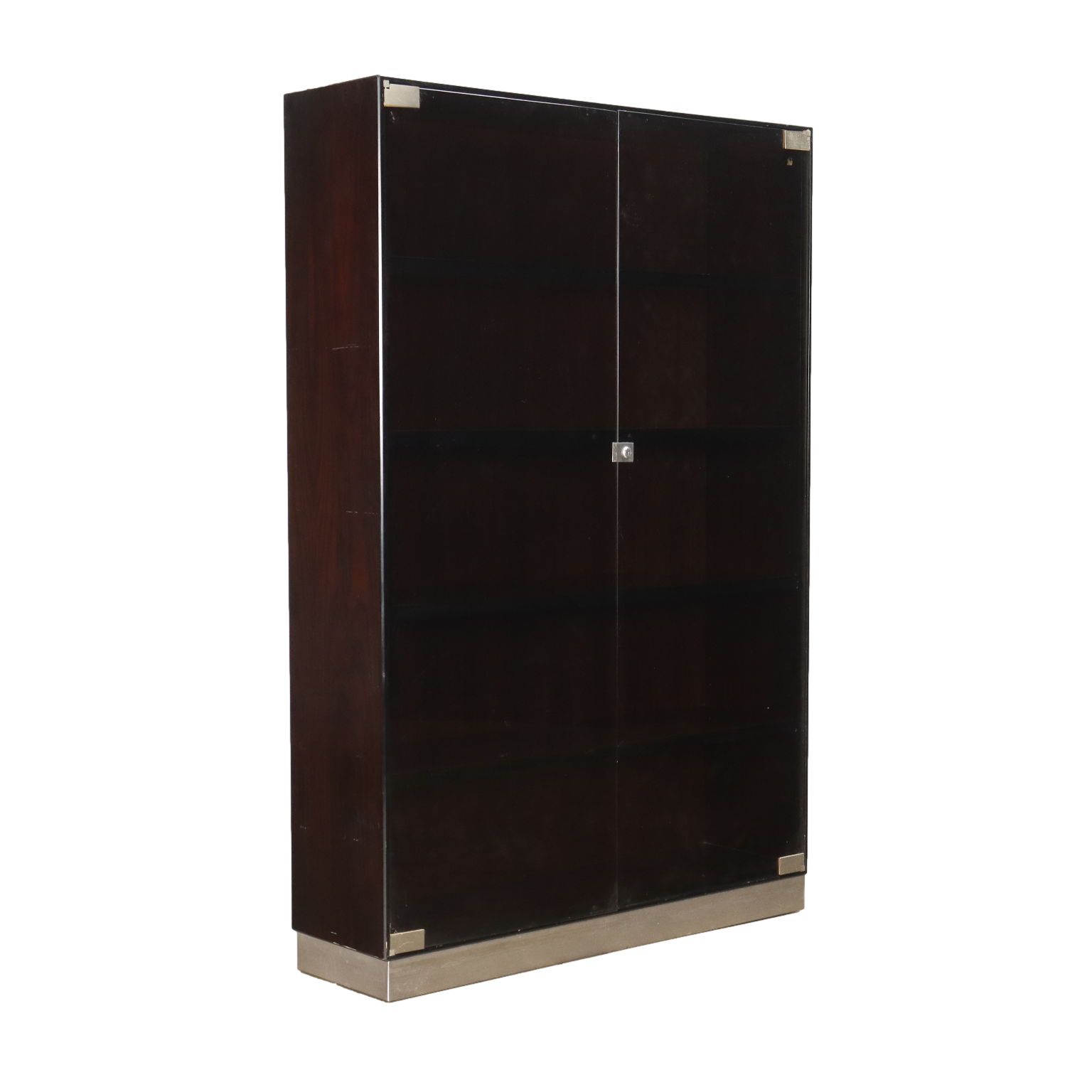 Vintage Showcase From The 1970s Exotic Wood Veneered Smoked Glass