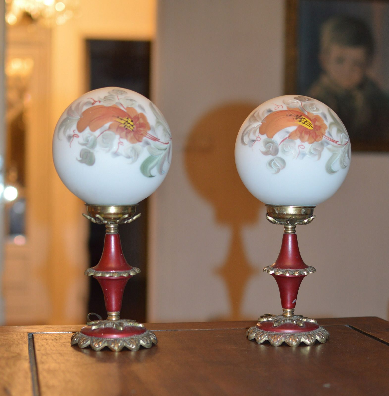 Pair Of Vintage Table Lamp Mid Century Hand Paint Glass 1960