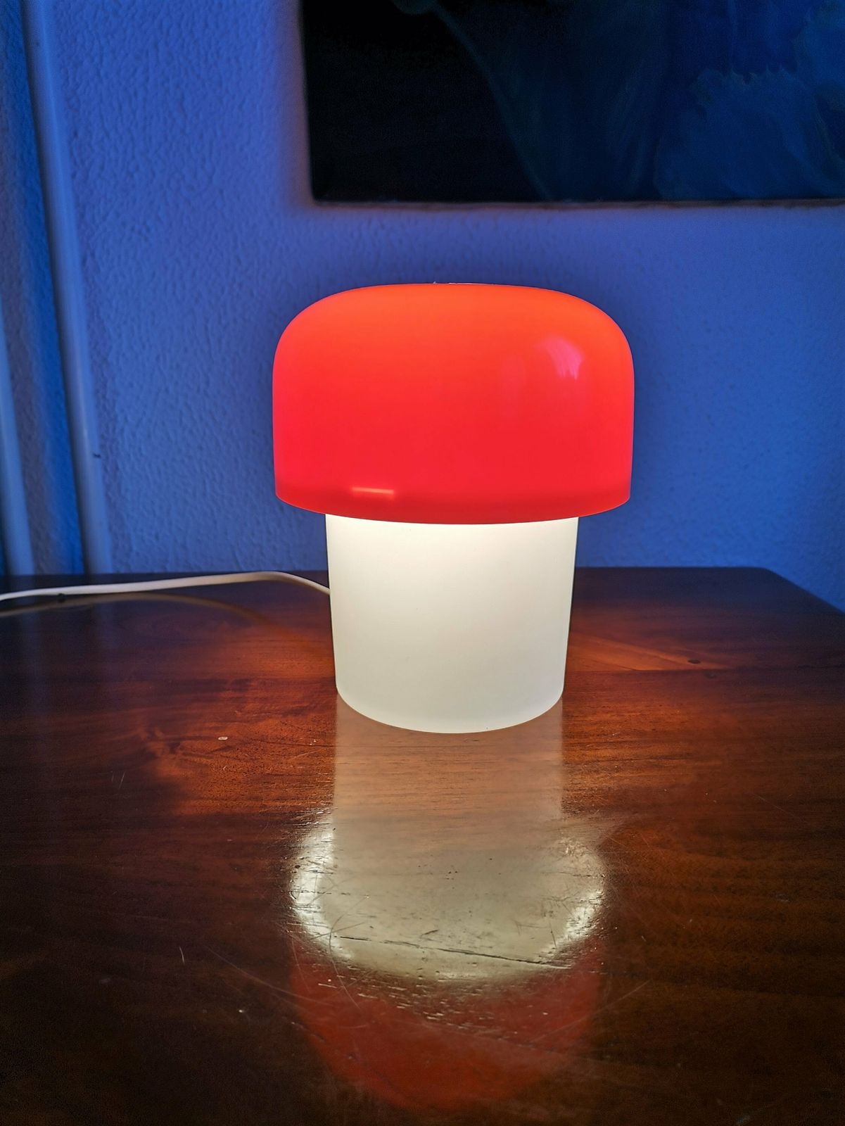 photo for sale Mid Century Orange Red Mushroom Table Lamp Designed By Harvey Guzzini Made By Meblo Yugoslavia Bedside Light Midcentury Modern