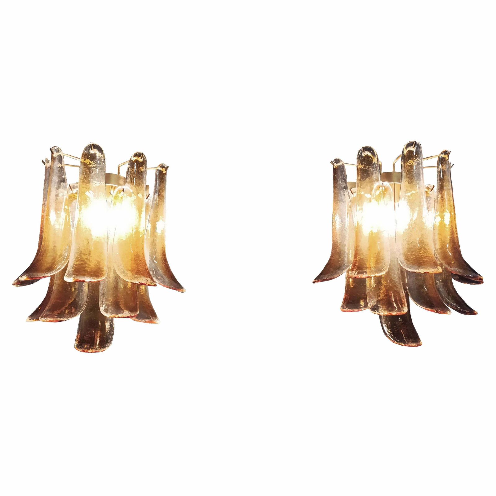 Elegant 1970’s Pair Of Vintage Italian Murano Wall Lights  Amber Glass Petals