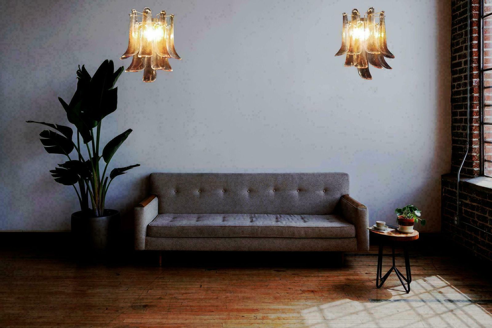 Elegant 1970’s Pair Of Vintage Italian Murano Wall Lights  Amber Glass Petals photo furniture