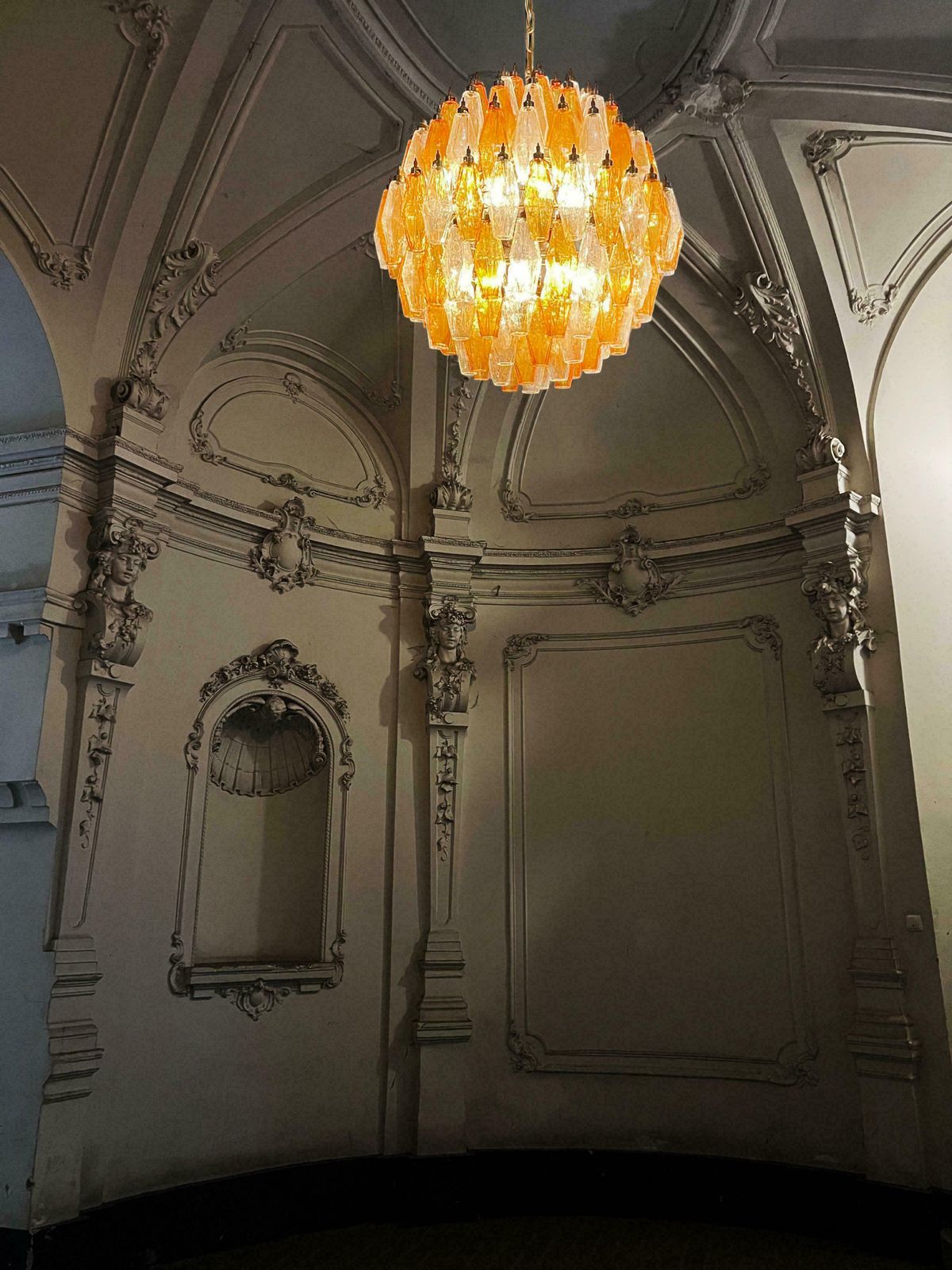 Gorgeous Spherical Murano Poliedri Chandeliers 140 Amber And Clear Poliedri photo vinterior