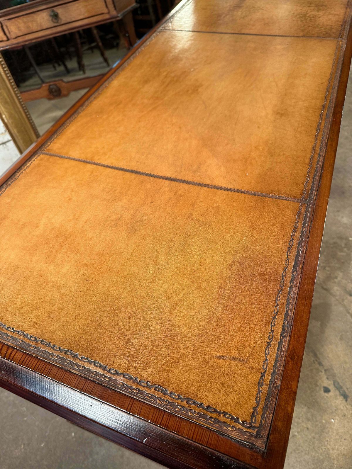photo furniture Rare Howard & Sons Stunning Quarter Sawn Oak & Baltic Pitch Pine Tooled Leather Aesthetic Movement Writing Desk/Console Circa 1870