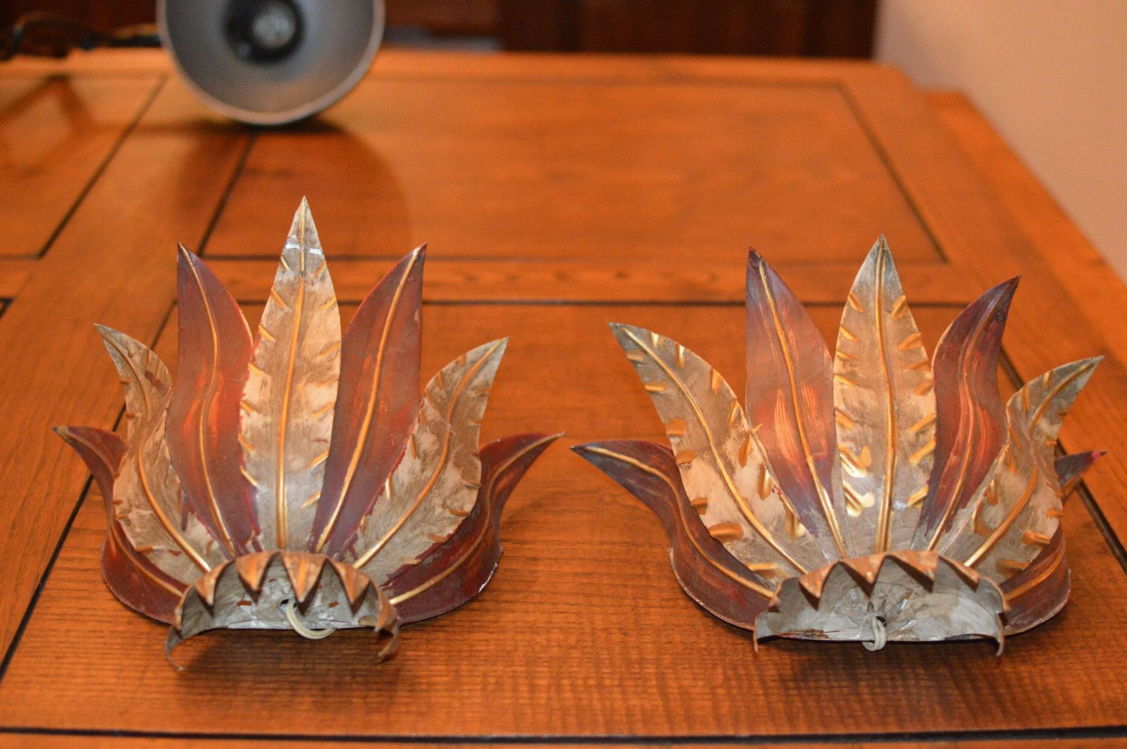 photo furniture Pair Of Vintage French Lampshade, Wall Light Fixture, Leaves 1940. Rare
