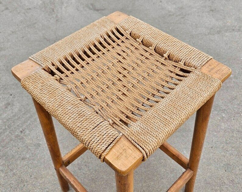 Pair Of Mid Century Modern Bar Stools Done In Wood With Danish Paper Cord Seats In Manner Of Hans J. Wegner // Made In Yugoslavia In 1960s photo buy