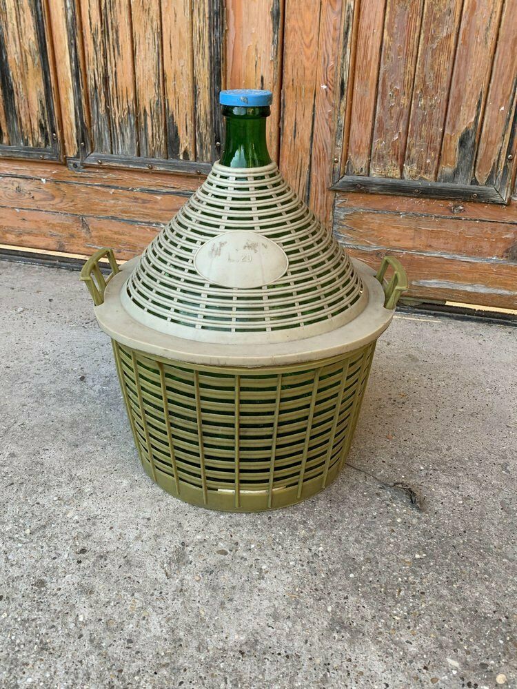 Mid Century Glass Demijohn In Plastic Basket