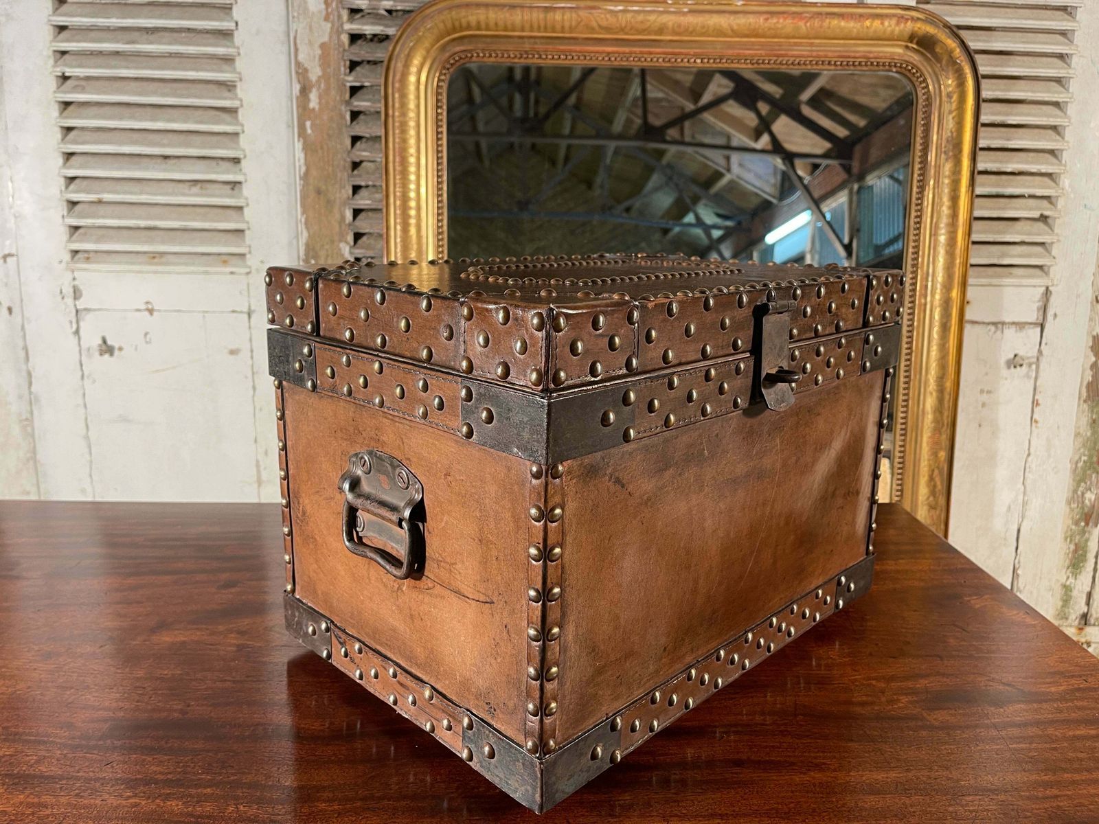 Antique Studded Leather Bound Antique Strong Box Chest Trunk Coffee Table photo Furniture