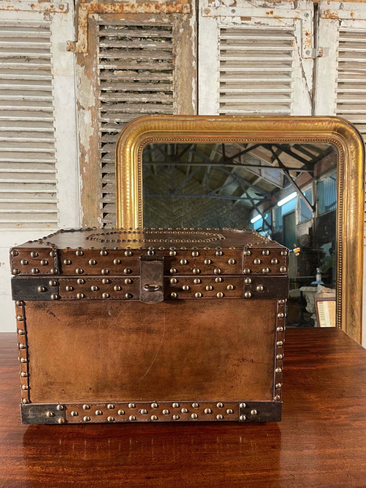 photo furniture Antique Studded Leather Bound Antique Strong Box Chest Trunk Coffee Table