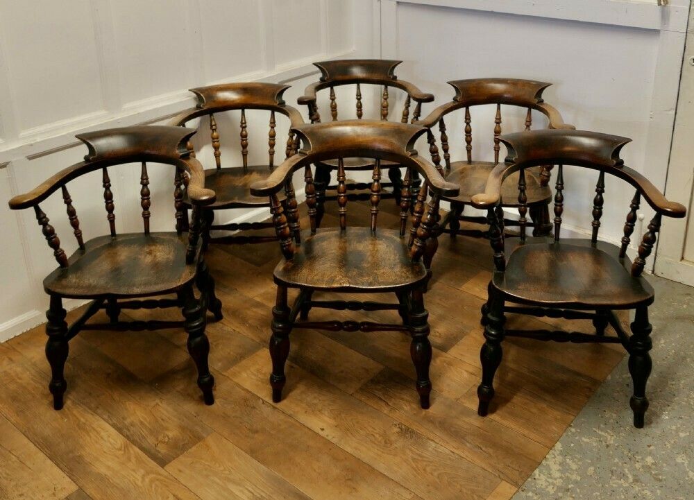 Set Of 6 English Oak And Elm Windsor Carver Chairs