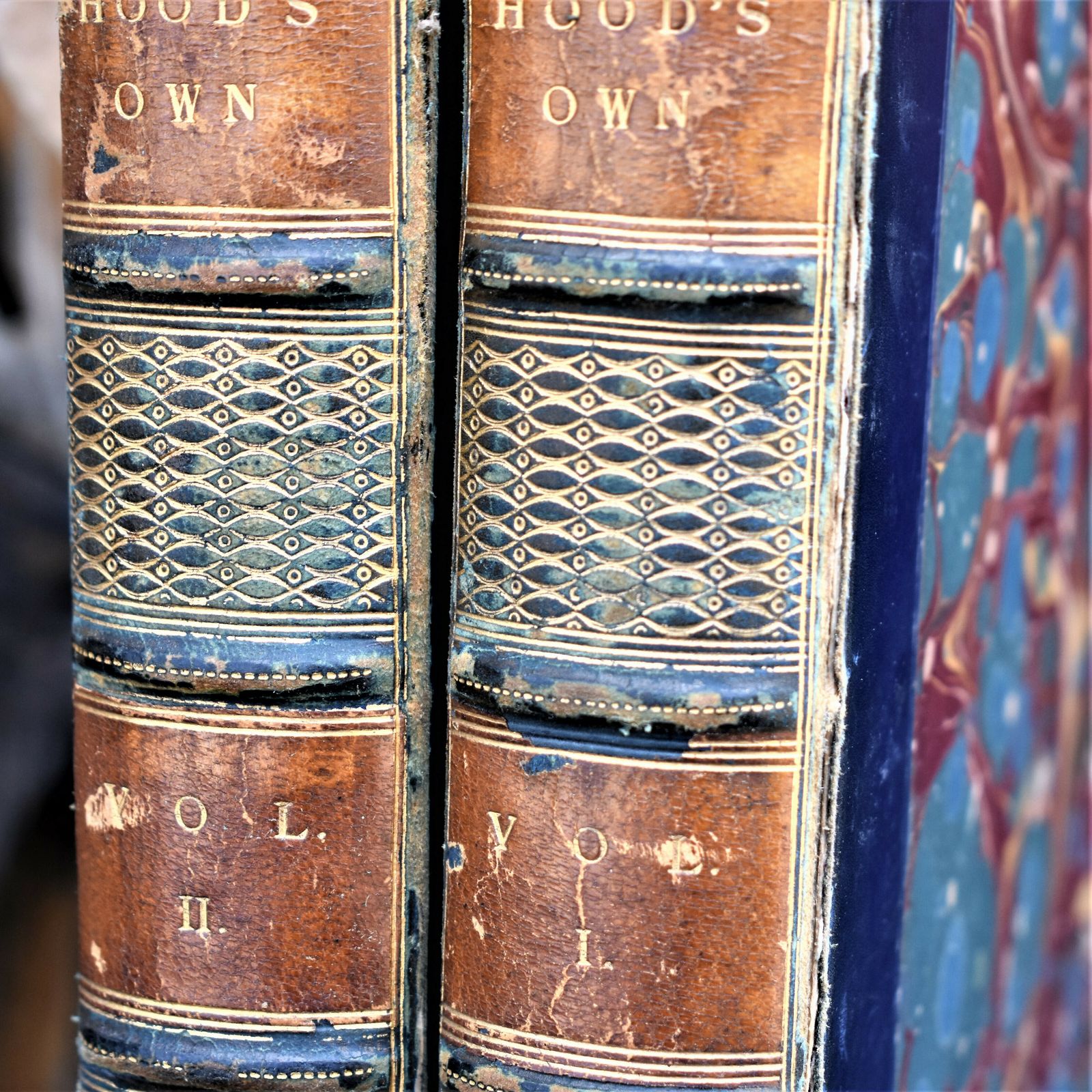 Antique 1873 Hoods Own Laughter From Year To Year Leather Bound Books Two Vol photo vintage