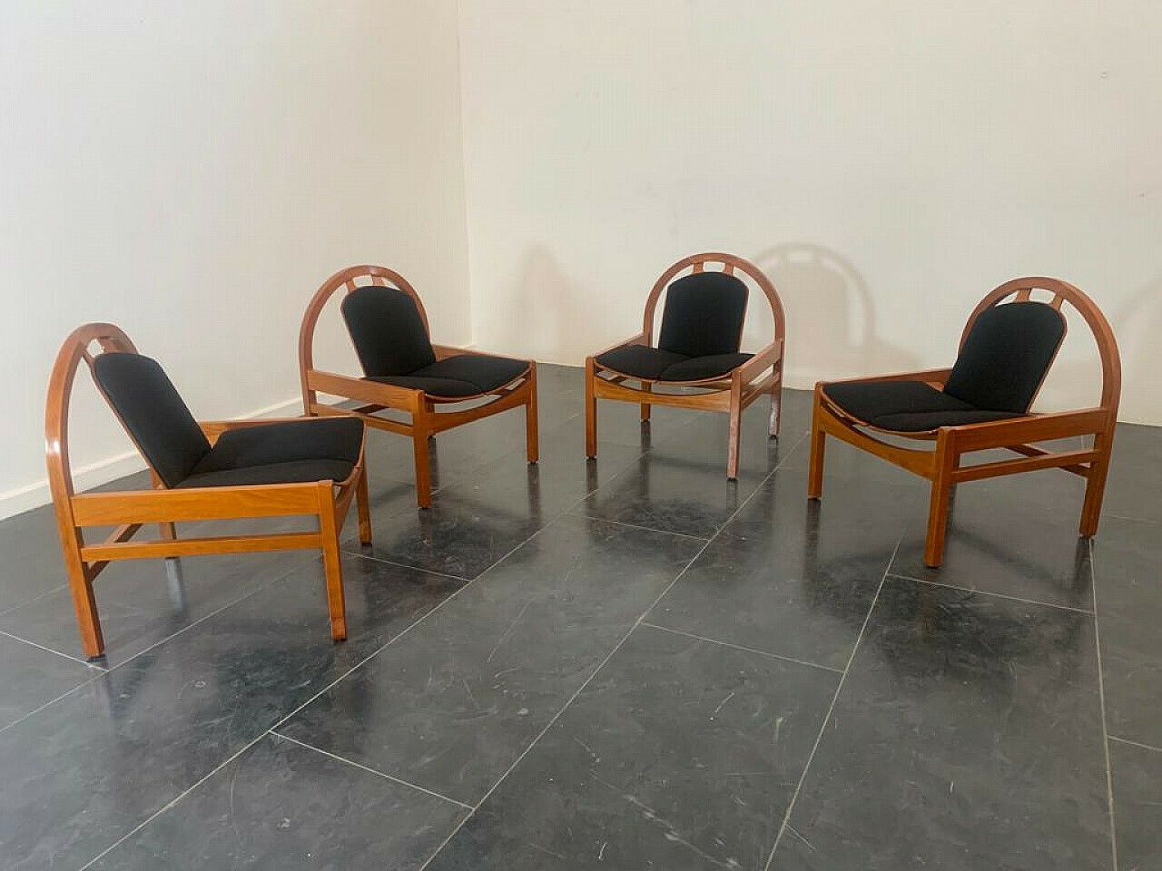 4 Argos Armchairs In Beech And Black Fabric By Baumann, 1980s photo Furniture