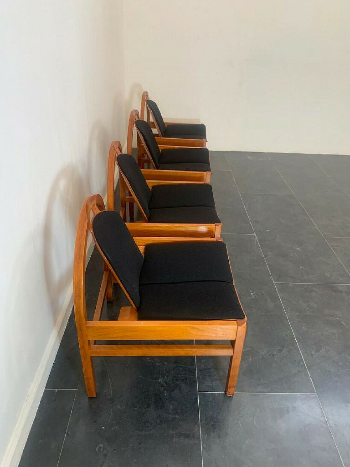 4 Argos Armchairs In Beech And Black Fabric By Baumann, 1980s photo vinterior