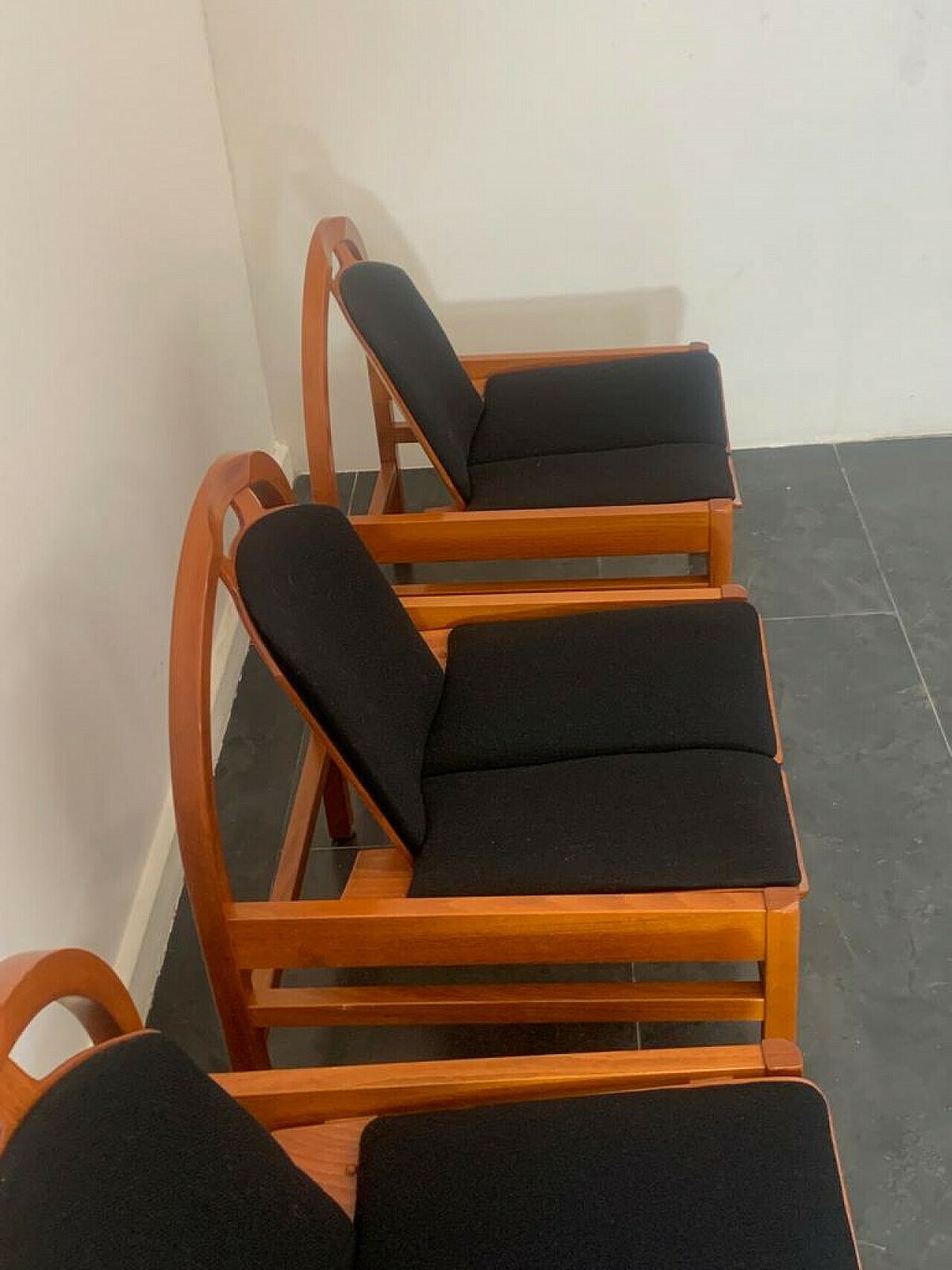 photo for sale 4 Argos Armchairs In Beech And Black Fabric By Baumann, 1980s