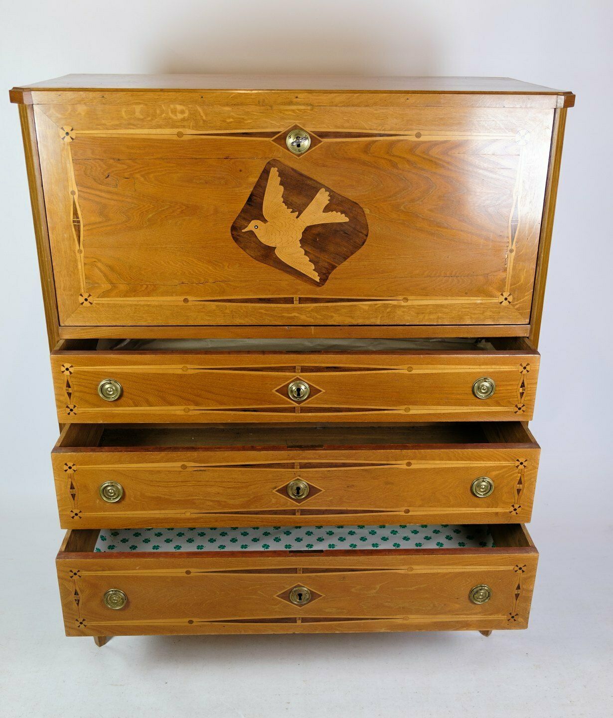 Secretary In Elm Wood With Intarsia Of Fruit Wood & Brass Handle From 1810s photo 2115.0