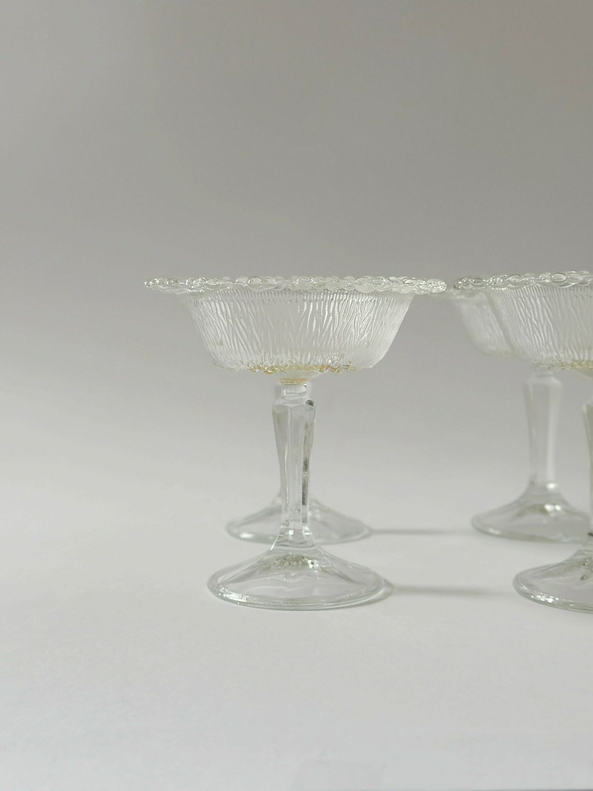 4 Vintage Champagne Coupes. Bubble Rim Sparkling Wine Glasses. Gatsby Style Glasses. Made In Italy photo for sale